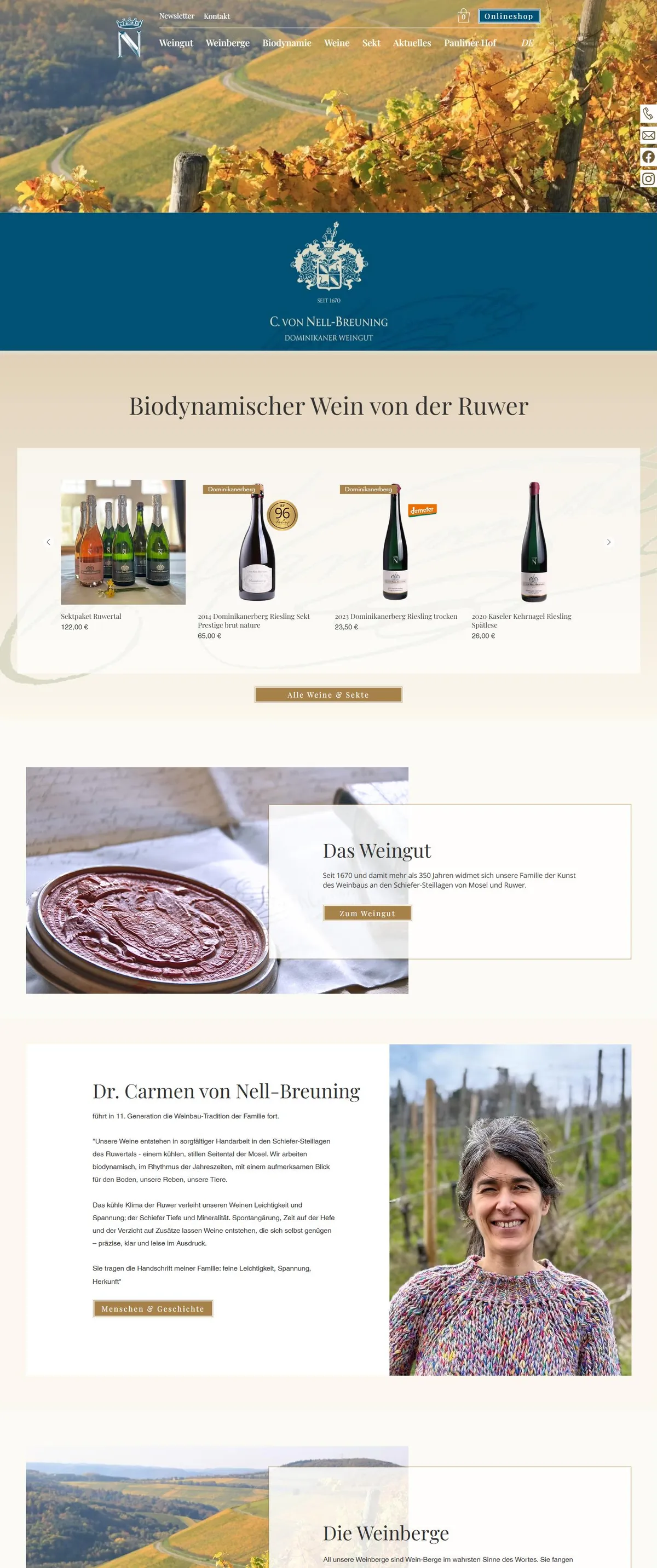 Scrollansicht der Website des Dominikaner Weinguts C. von Nell-Breuning